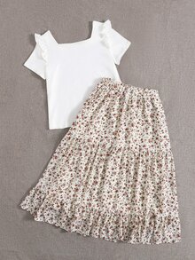 SHEIN Ruffle Detail Top & Ditsy Floral Tiered Hem Skirt Set - Multicolor - View 3
