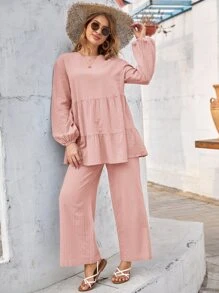 Mulvari 燈籠袖荷葉邊下擺上衣和寬管褲子套裝 - 淺粉色 - 查看 4