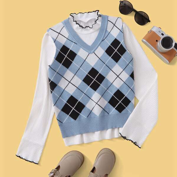 

Girls V Neck Argyle Pattern Sweater Vest Without Sweater, Multicolor
