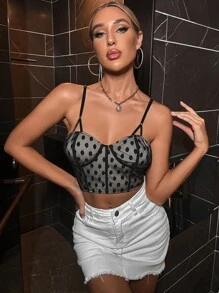 Polka Dot Lace Cami Top - Black - View 3