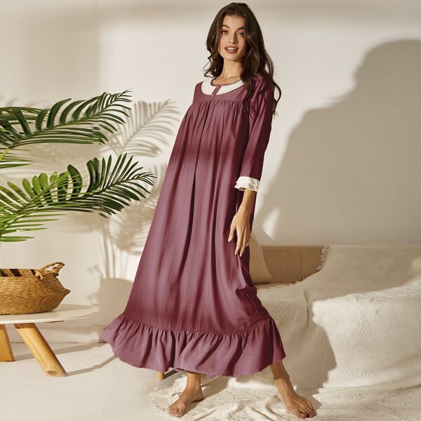 

Contrast Trim Ruffle Hem Smock Dress, Maroon
