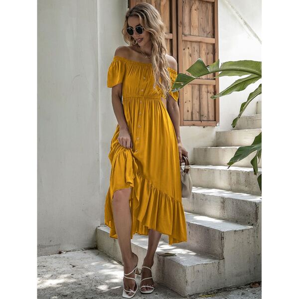 

Button Front Bardot A-line Dress, Yellow