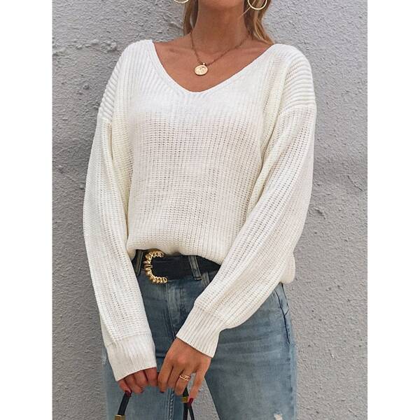 

Contrast Lace Drop Shoulder Sweater, White