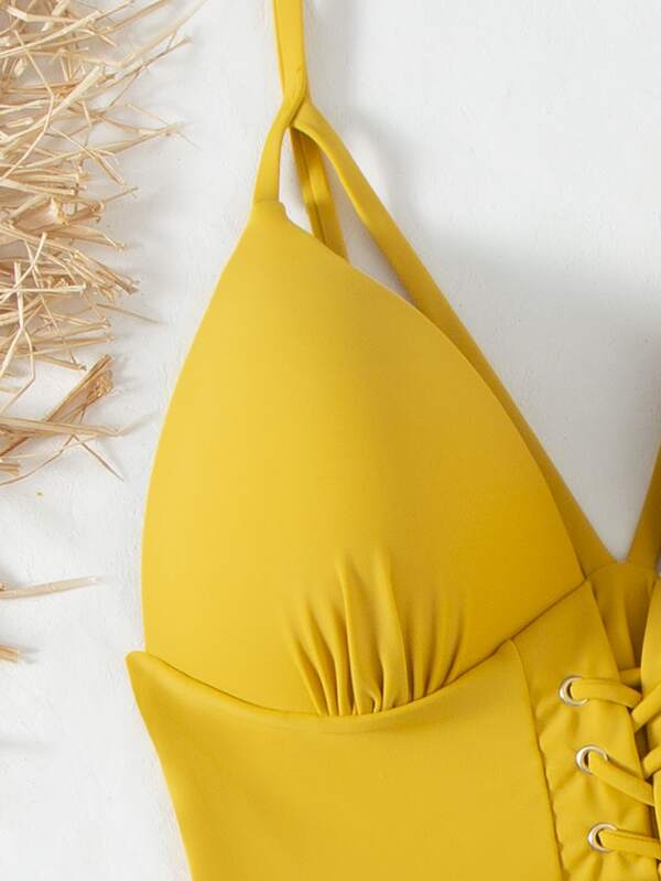 SHEIN Swim Chicsea Solid Lace Up Underwire One Piece Swimsuit SHEIN UK