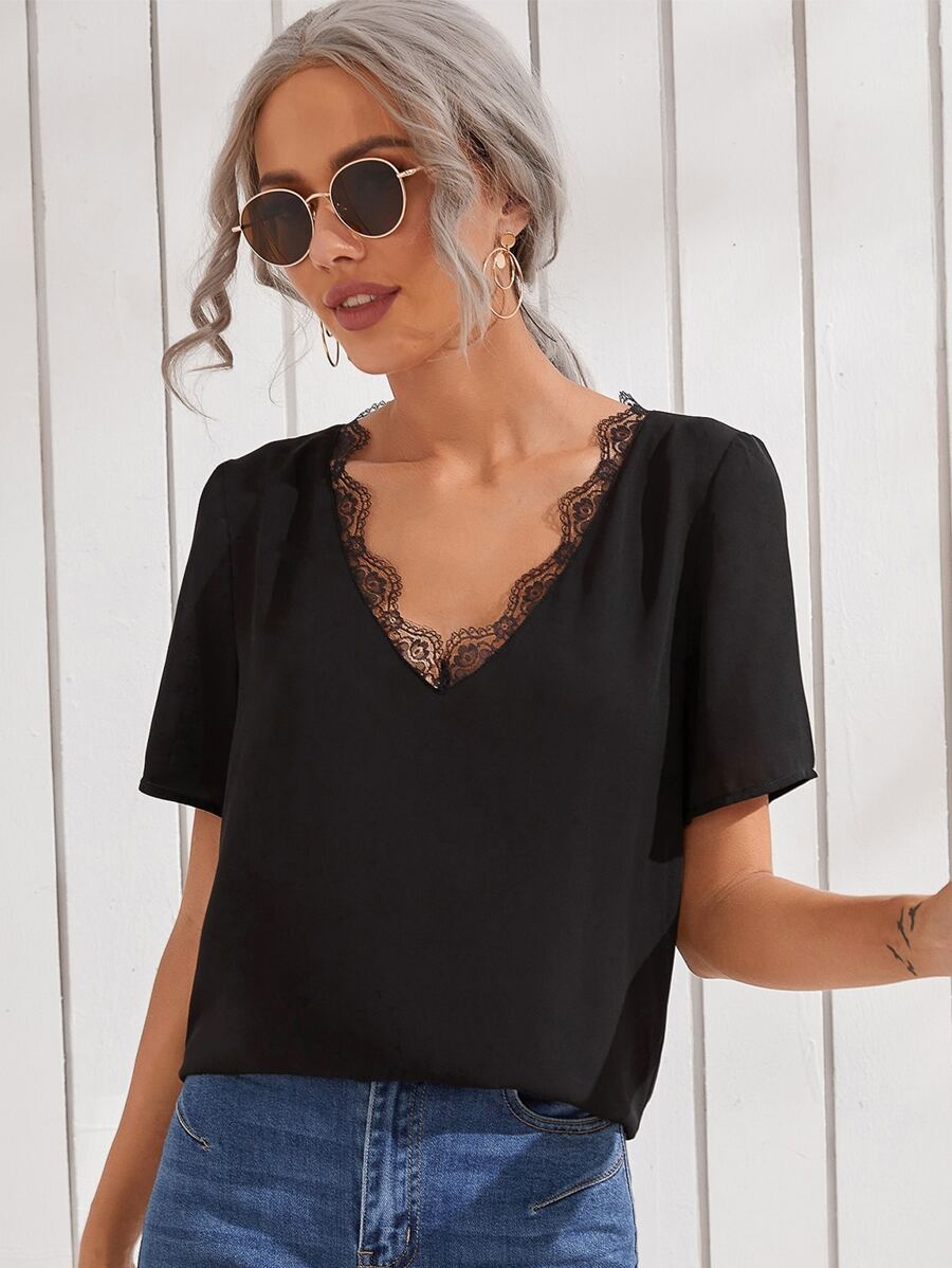 SHEIN Lace Trim Top - Black - View 1