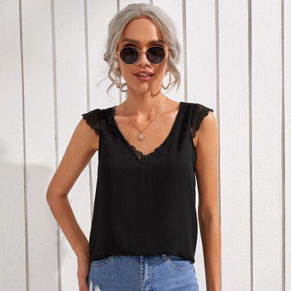 

Solid V Neck Lace Trim Blouse, Black