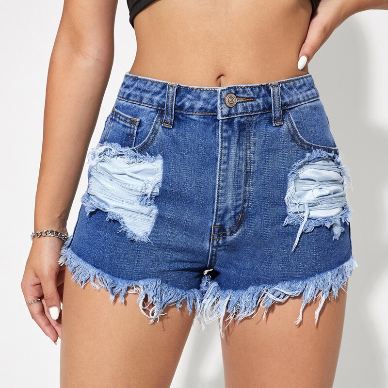 

Ripped Raw Hem Denim Shorts, Navy blue