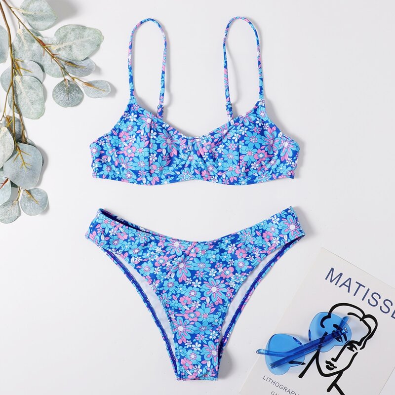

Floral Pattern Bikini Swimsuit, Blue