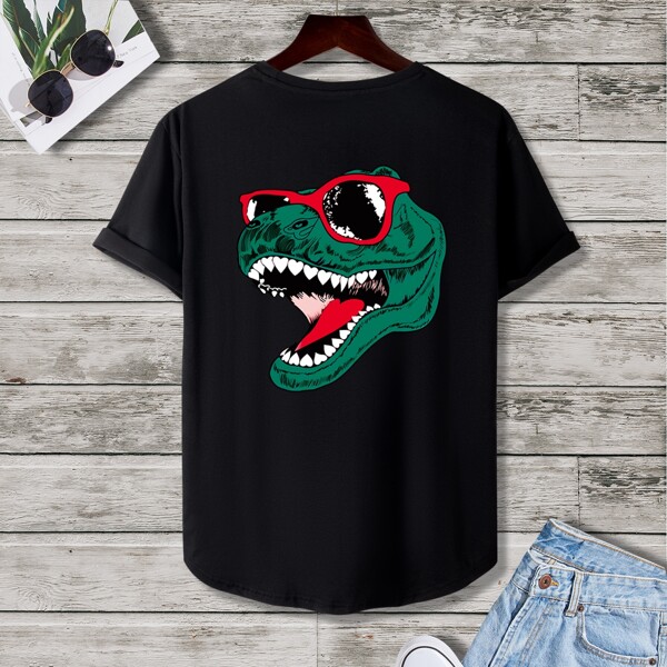 

Men Dinosaur Print Crew Neck Tee, Black