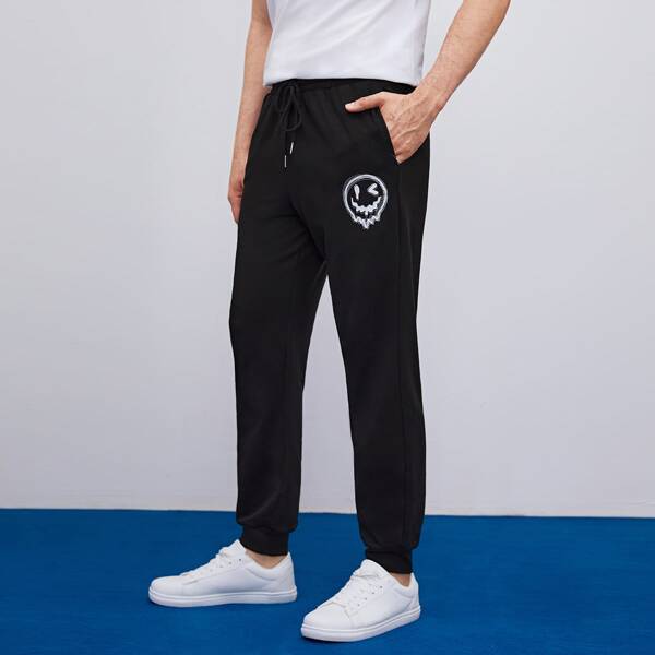

Men Expression Graphic Slant Pockets Drawstring Waist Sweatpants, Black