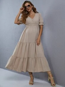 SHEIN 孕婦交疊領荷葉袖多層下擺連衣裙 - 卡其色 - 查看 1