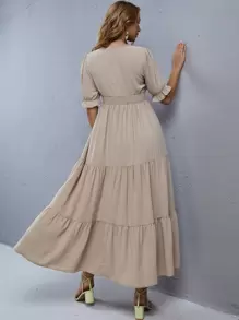 SHEIN 孕婦交疊領荷葉袖多層下擺連衣裙 - 卡其色 - 查看 2