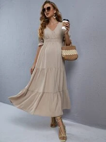 SHEIN 孕婦交疊領荷葉袖多層下擺連衣裙 - 卡其色 - 查看 3