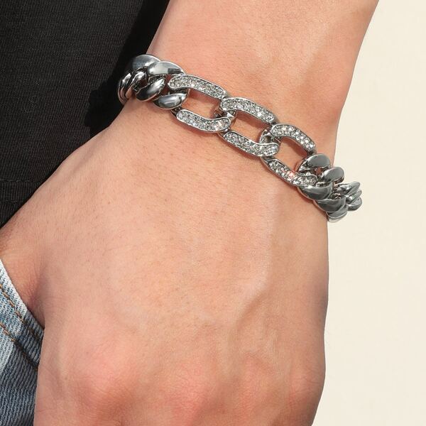 

Men Rhinestone Decor Link Bracelet, Silver