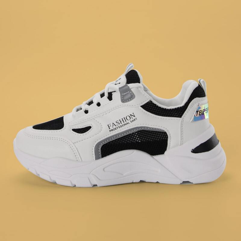 

Lace-up Front Mesh Panel Chunky Sneakers, Black and white