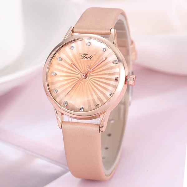 

Rhinestone Decor Round Pointer Quartz Watch