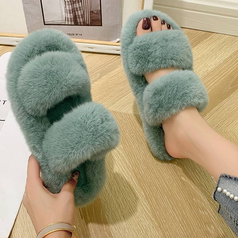 

Double Band Fluffy Slippers, Green