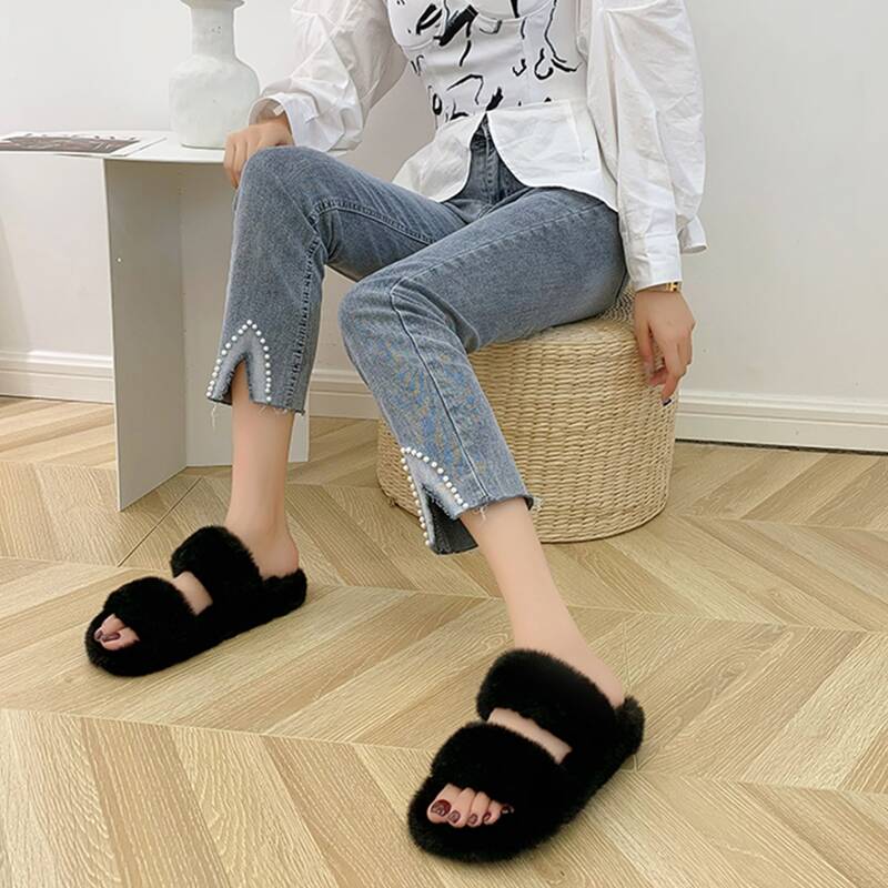 

Double Band Fluffy Slippers, Black