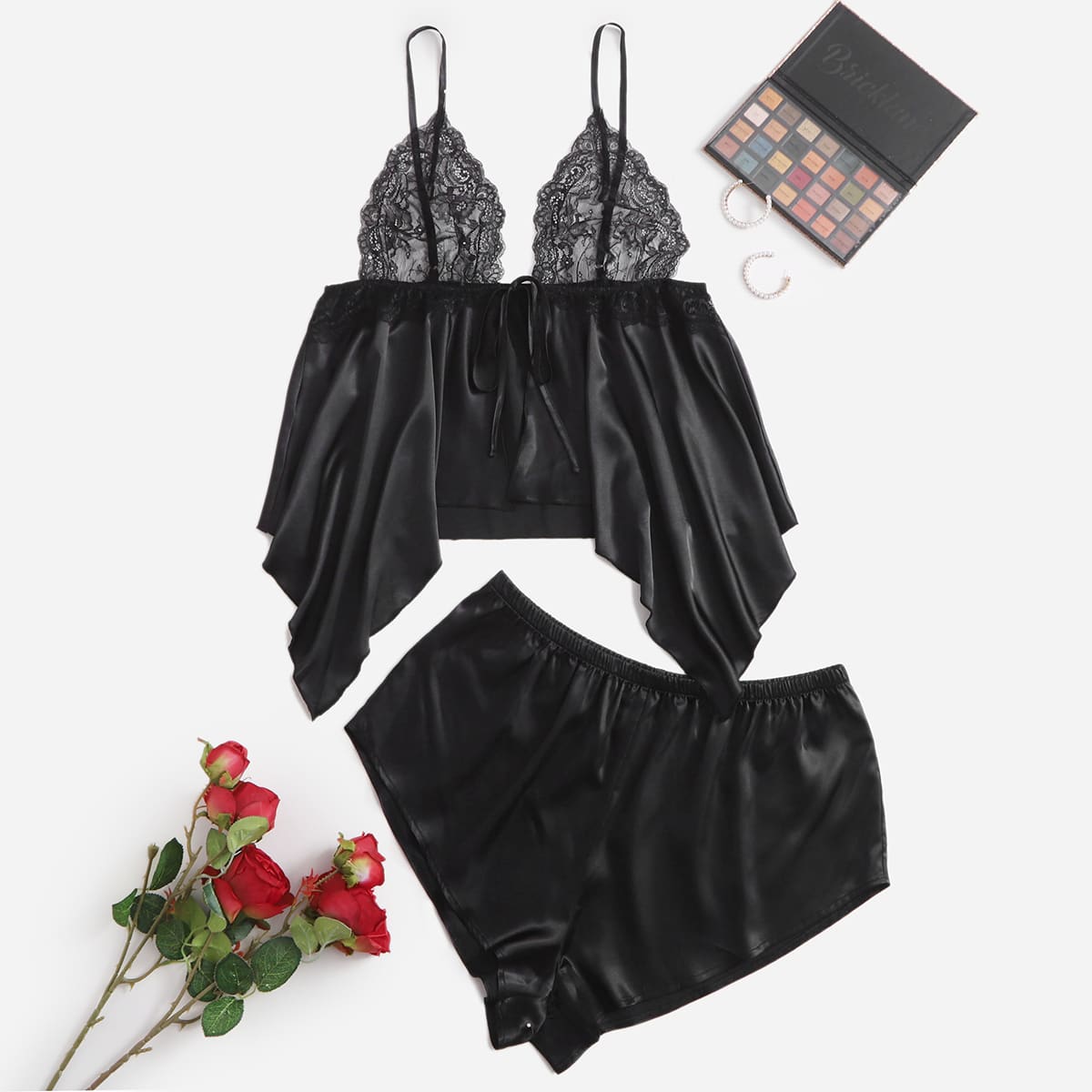 

Plus Satin Lace Panel Pajama Set, Black