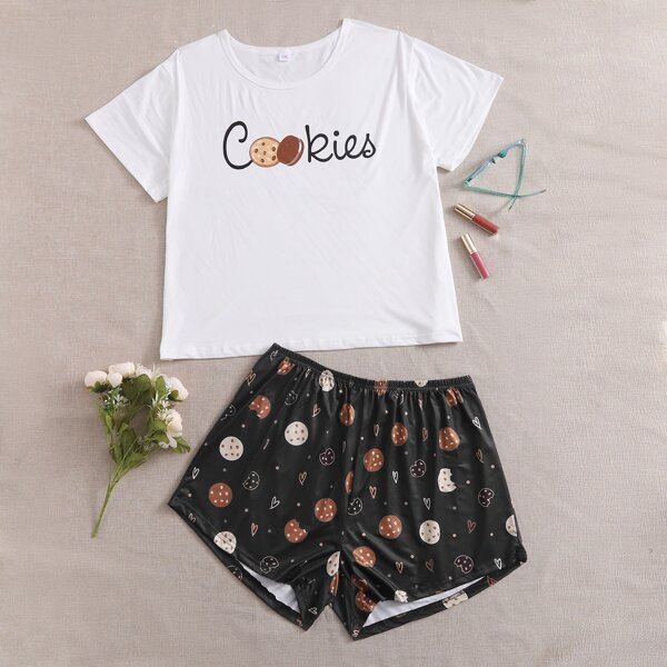 

Plus Cookies And Letter Graphic Pajama Set, Black and white