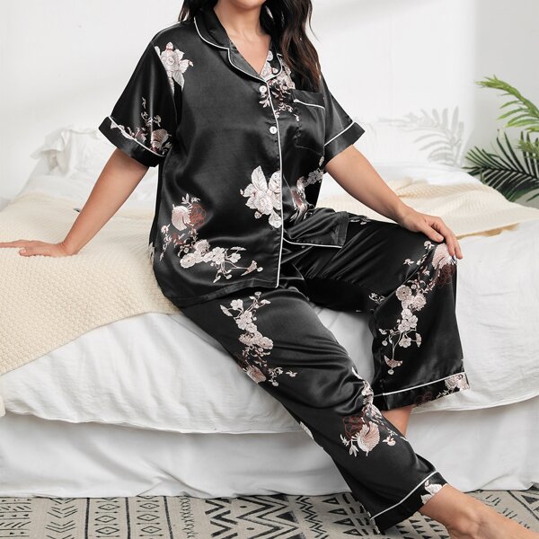 

Plus Satin Floral Print Pajama Set, Black