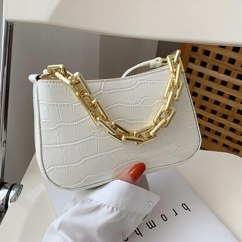 

Croc Embossed Chain Baguette Bag, White