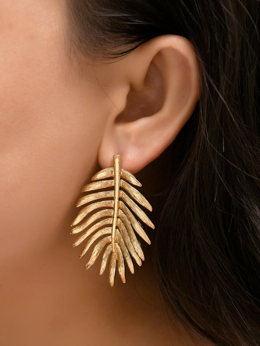 樹葉設計耳釘 - 金黃色 - 查看 1