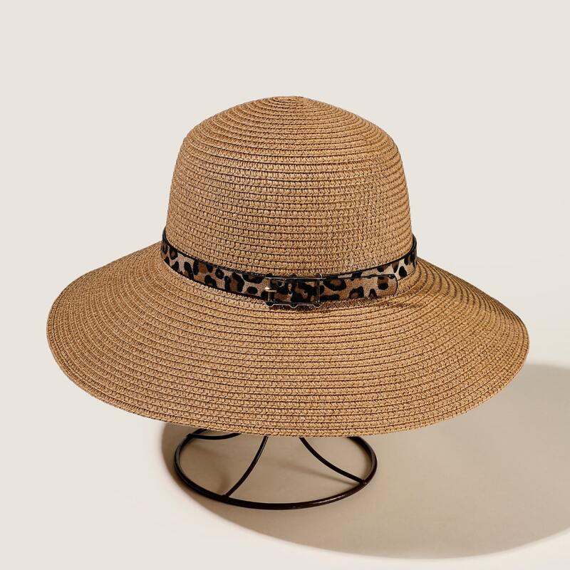 

Leopard Buckle Decor Straw Hat, Brown