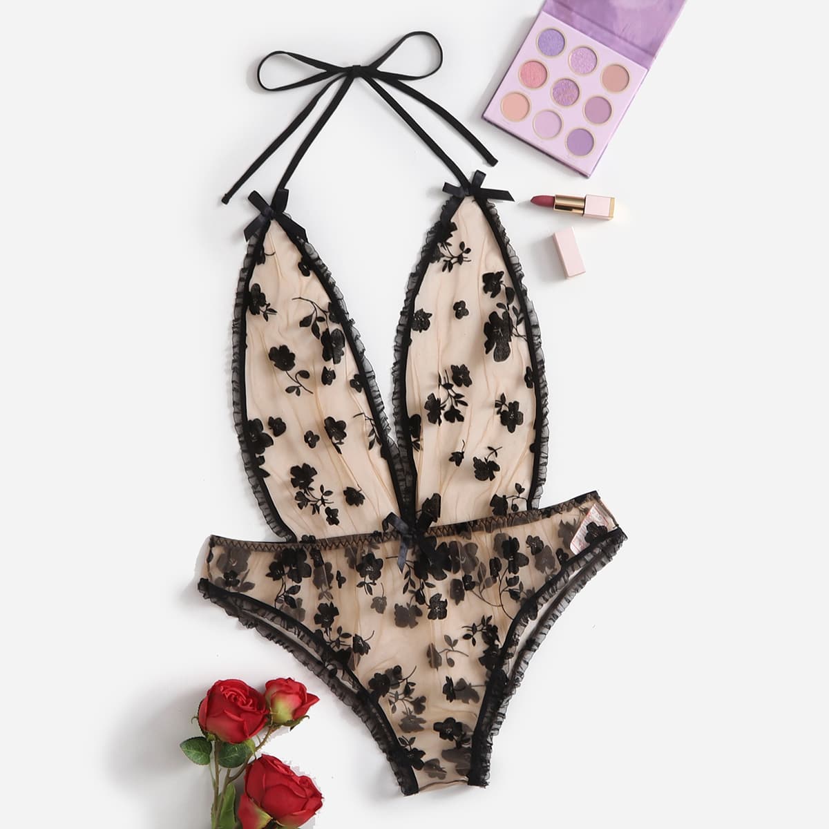 

Plus Floral Pattern Mesh Halter Teddy Bodysuit, Black