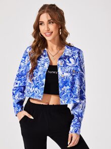 SHEIN Single Breasted Flap Detail Marble Print Jacket - Blue and White - View 1