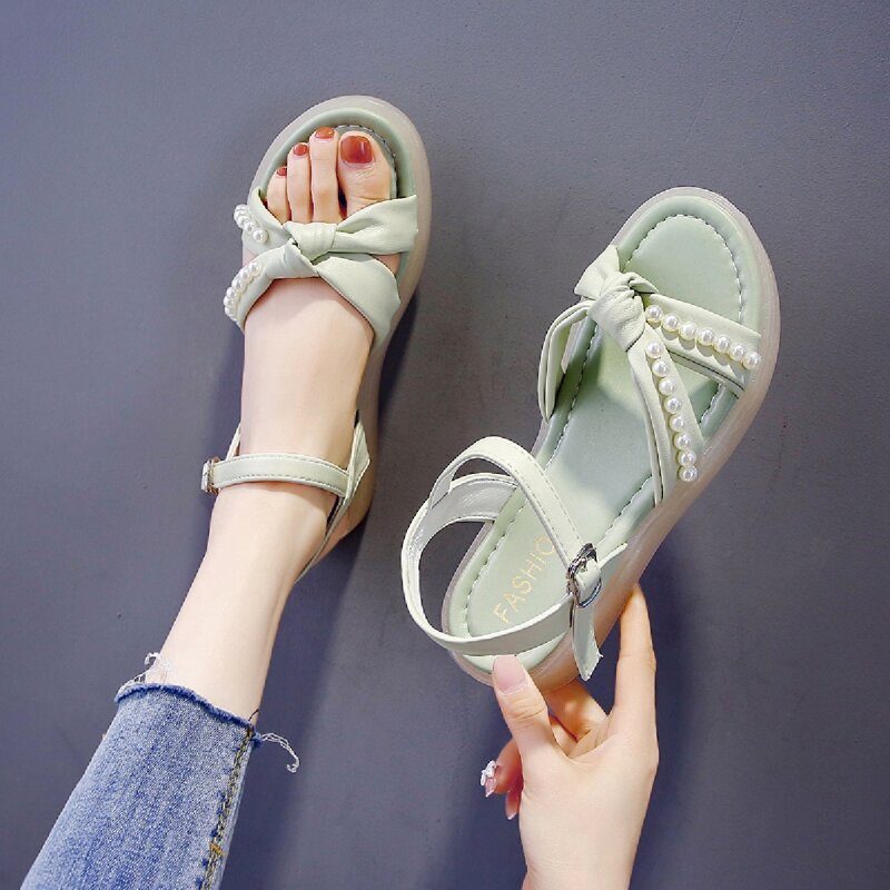 

Faux Pearl Strappy Sandals, Green