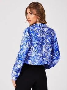 SHEIN Single Breasted Flap Detail Marble Print Jacket - Blue and White - View 3