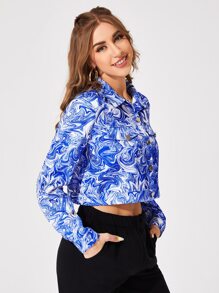 SHEIN Single Breasted Flap Detail Marble Print Jacket - Blue and White - View 5