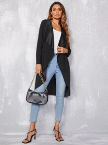 SHEIN LUNE Abrigo negro con cuello de cascada, bolsillos en diagonal y blazer para mujer, abrigo trench negro para mujer, abrigo negro largo - Negro - Ver 4