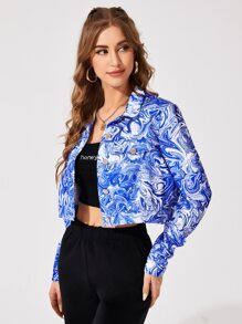 SHEIN Single Breasted Flap Detail Marble Print Jacket - Blue and White - View 2