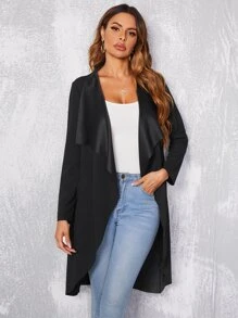 SHEIN LUNE Abrigo negro con cuello de cascada, bolsillos en diagonal y blazer para mujer, abrigo trench negro para mujer, abrigo negro largo - Negro - Ver 5
