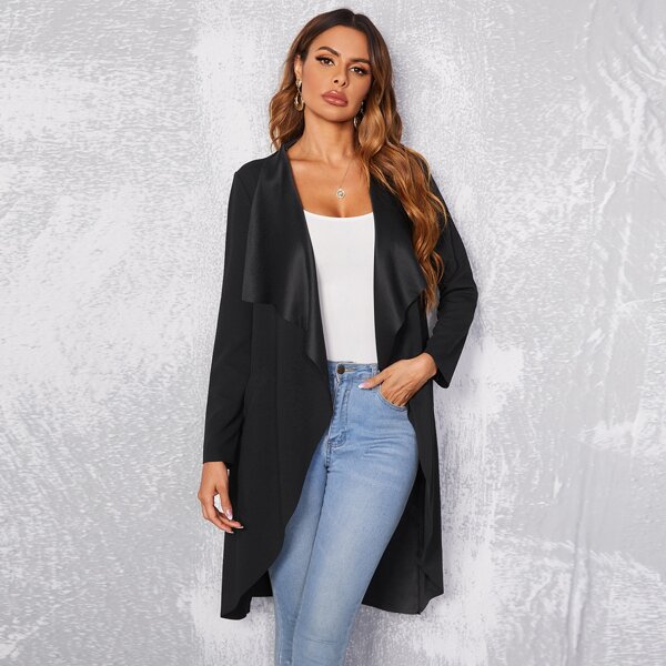 

Waterfall Collar Slant Pocket Coat, Black