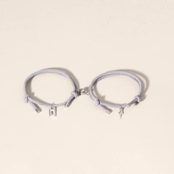 

2pcs Men Lock & Key Charm Bracelet, Grey