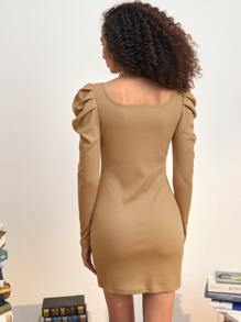 Đầm Gân đan màu trơn Thanh lịch - Màu Khaki - Xem 2