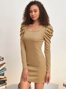 Đầm Gân đan màu trơn Thanh lịch - Màu Khaki - Xem 4