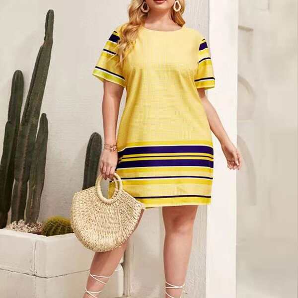 

Plus Plaid And Striped Tunic Dress, Yellow