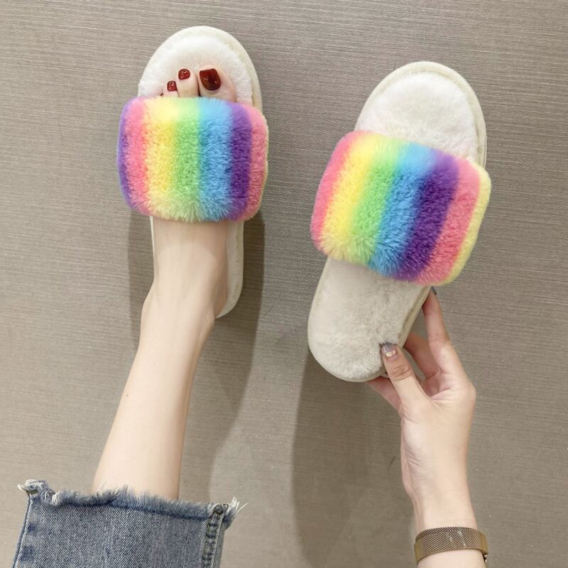 

Fluffy Striped Slippers, Multicolor