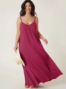 SHEIN BASICS Plus Solid Cami Dress - Rose Red - View 1