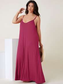 SHEIN BASICS Plus Solid Cami Dress - Rose Red - View 3