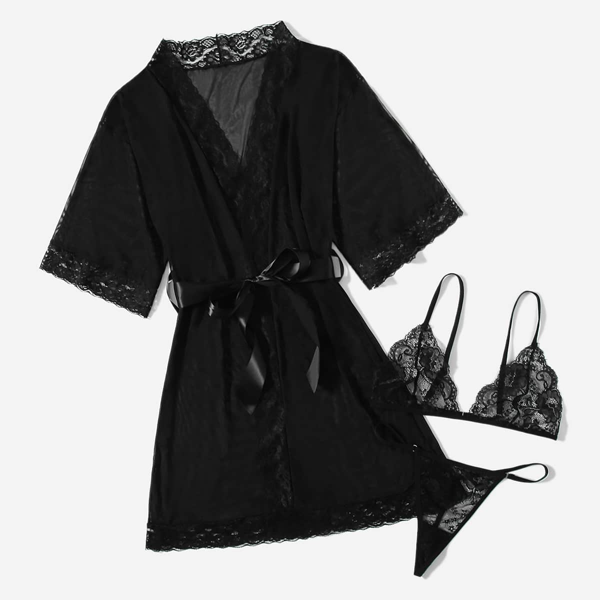 

3pack Contrast Lace Lingerie Set With Robe, Black