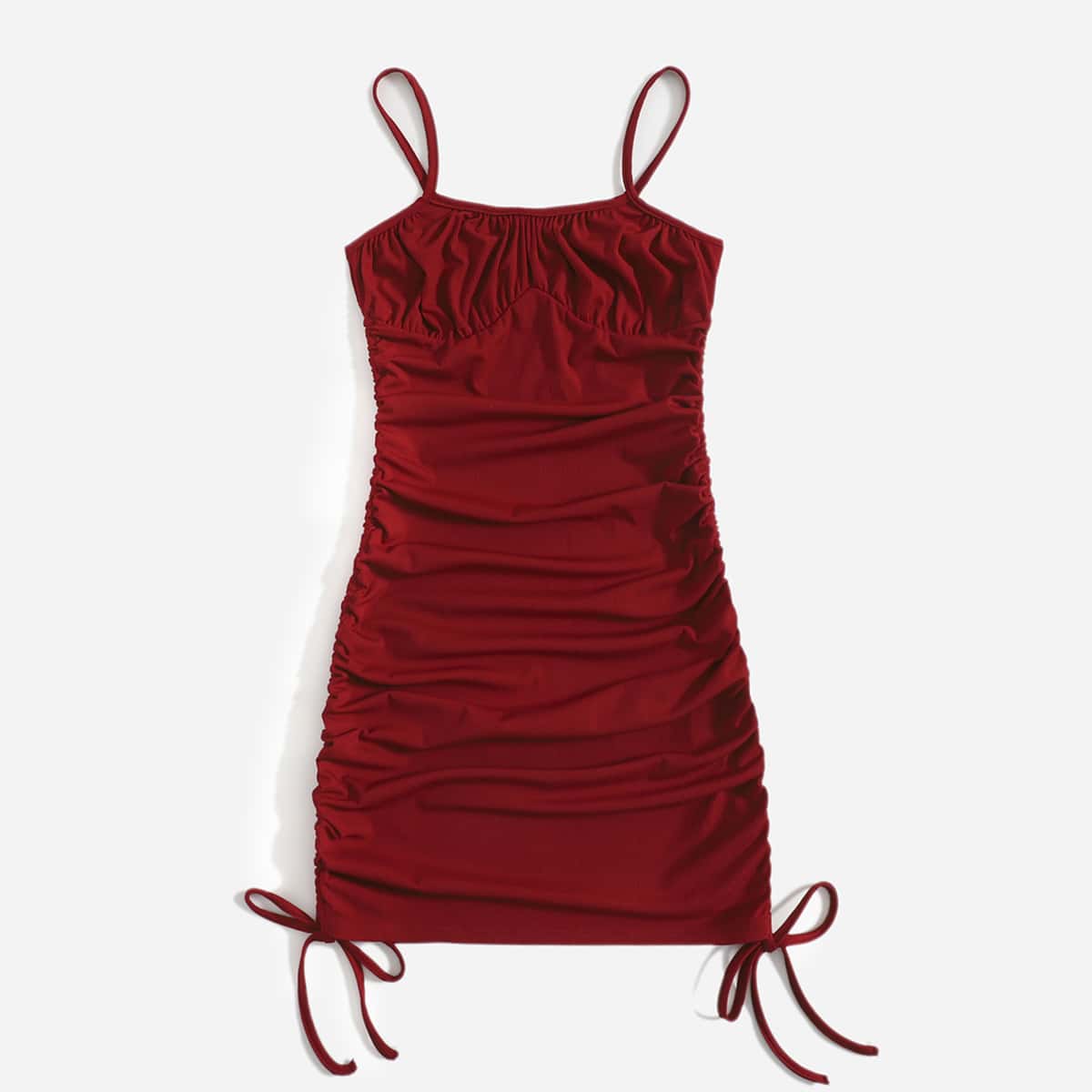 

Solid Drawstring Ruched Bodycon Dress, Burgundy