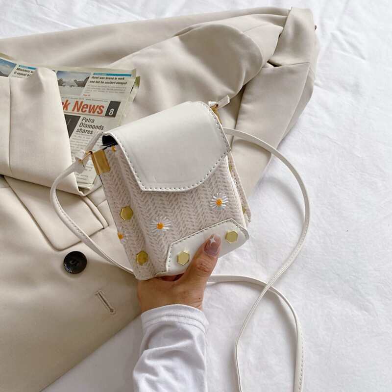 

Flower Embroidery Crossbody Bag, White