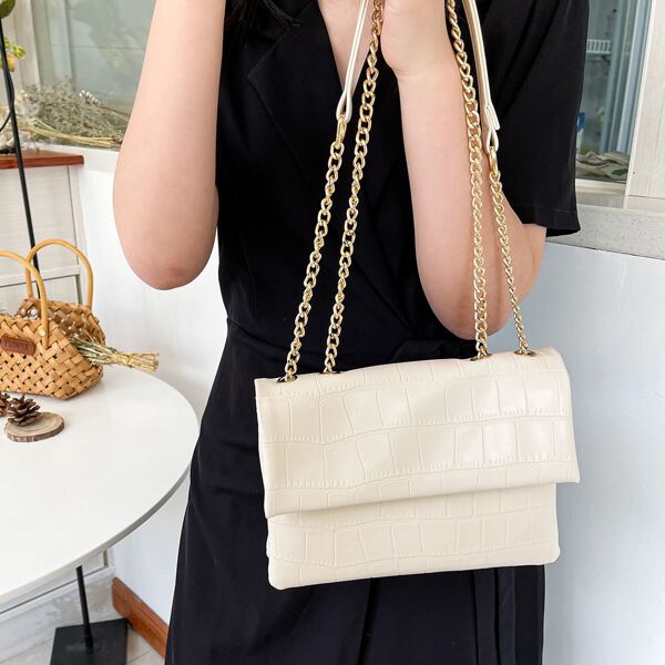 

Croc Embossed Chain Crossbody Bag, White