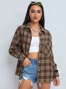 SHEIN EZwear Tartan Print Button Through Shirt,Long Sleeve Tops