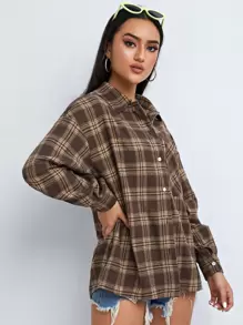 SHEIN EZwear Tartan Print Button Through Shirt,Long Sleeve Tops
